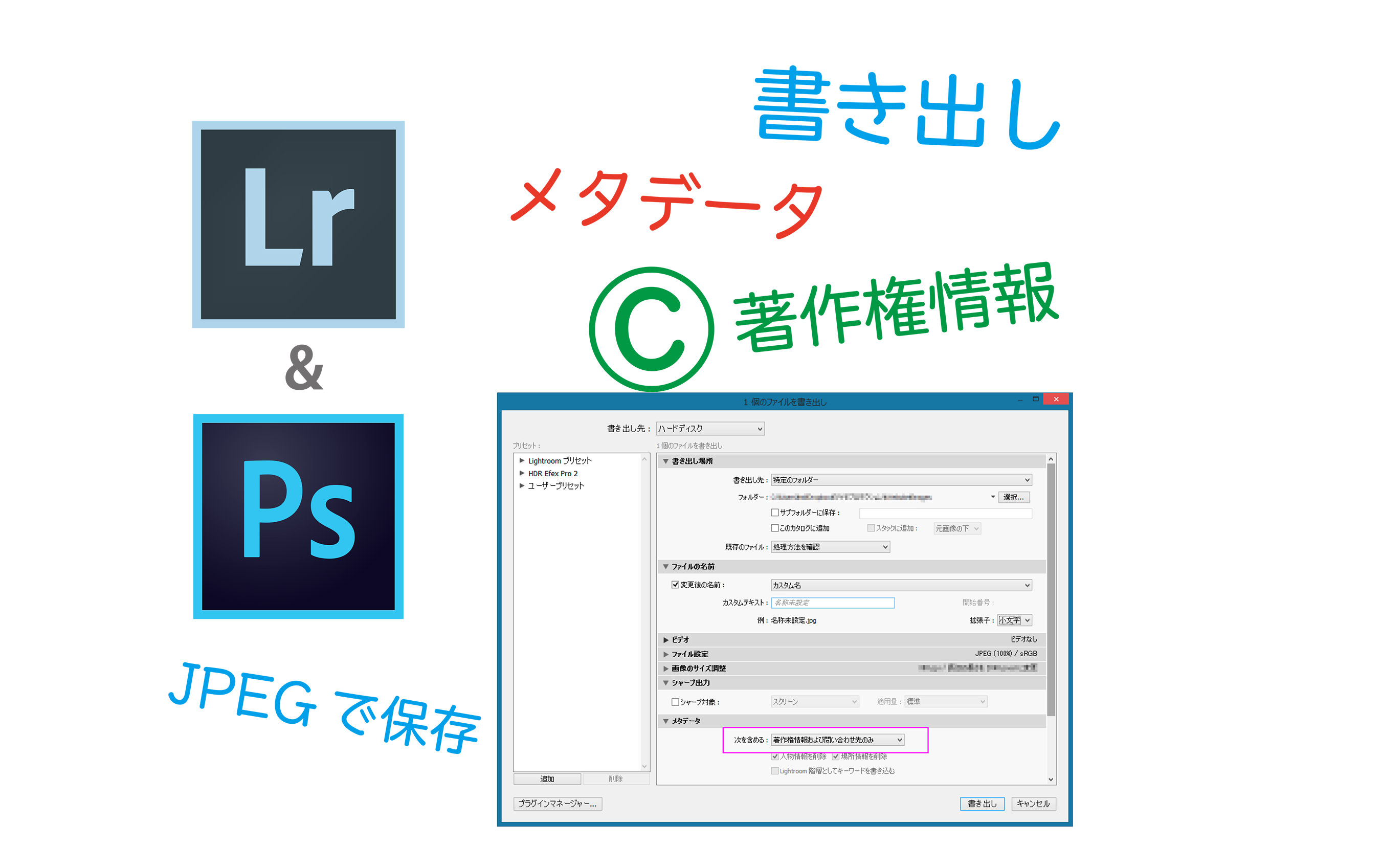 ライトルーム フォトショップ 書き出し時のメタデータ 著作権情報など 上級編 ミヤビプロダクション